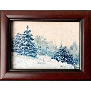Framed Original Oil Landscape Painting Winter Forest Snowy Pines Art 7x9 Signed